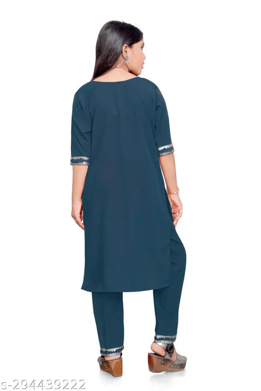 Embellished A-line palazzo kurta set in crepe material, size 7-8 years, Indian ethnic wear for girls with lace detailing
