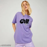 Lavender printed oversized cotton t-shirt with half sleeve, ideal for casual wear