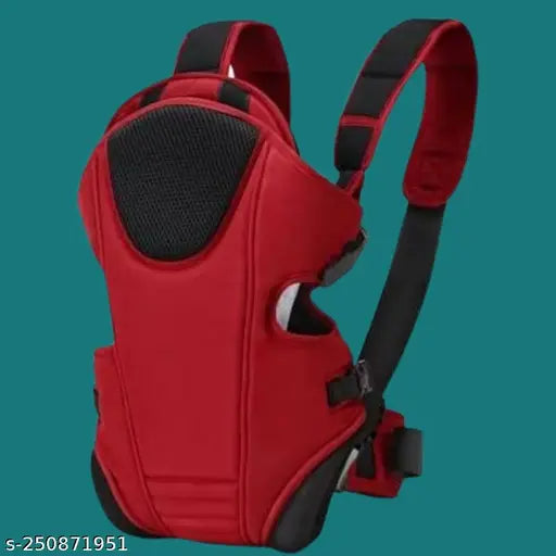Red polyester net baby carrier (Free Size), front carry facing out with baby visible