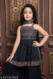 Black multi-color embroidery and sequins work peplum top and palazzo set for girls, georgette fabric, A-line shape, above knee length. Sizes available: 3-4, 4-5, 5-6, 6-7, 7-8, 8-9, 9-10, 10-11, 11-12, 12-13, 13-14, 14-15, 15-16 years. Origin: India