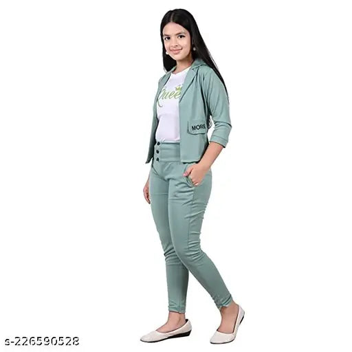 Mint green cotton blend dress, three-quarter sleeves, solid pattern. Girls fashion set includes jacket and pant, trendy clothing for 1-15 years