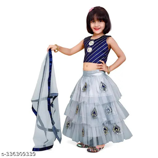Grey dupion silk and super net Lehenga Choli with embroidered striped patterns and border lace Dupatta, suitable for festive occasions and celebrations, available in sizes from 12-8 years old, made in India