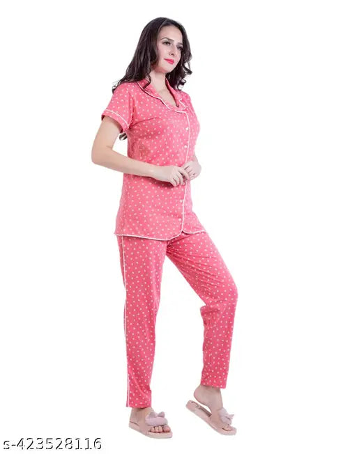 Women's cotton printed night suit set, featuring collared shirt and pyjama bottoms. High-quality cotton nightdress set for women, available in sizes L, XL, and XXL with eye-catching printed pattern. Made in India
