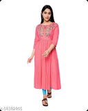 Rayon embroidered A-line Kurta, three-quarter sleeves, pink women's traditional Indian attire, single size M (38in bust)