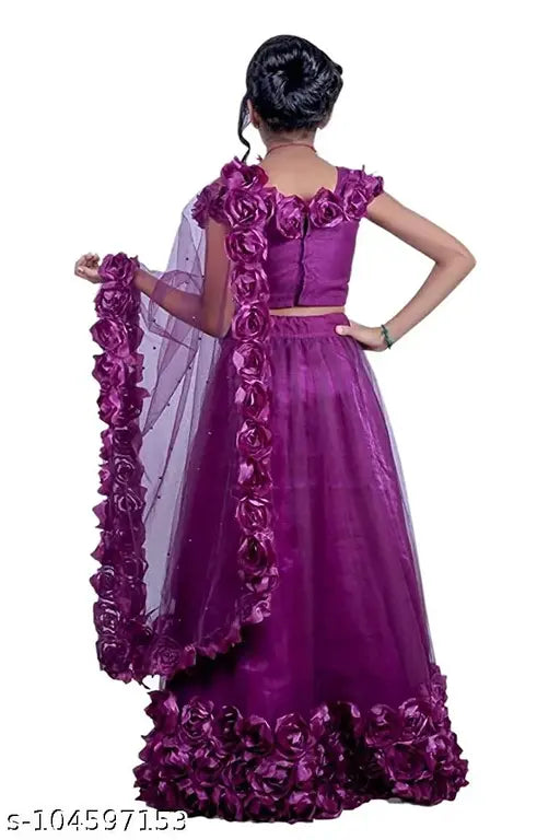 Baby Girls Net & Satin Readymade Lehenga Choli Top, sleeveless, self-design, lace stitch, 1 quantity, suitable for all occasions and seasons. Net dupatta with flower lace and slight pearl detail, backside hook and eye. Dry clean only. India origin