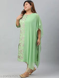 Light Green Poly Crepe Foil Print Plus Size Kurta by Janasya, embroidered pattern, 3/4 sleeves, 6XL (Bust 52in, Length 45in)