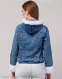 Women's blue denim jacket, solid net, long sleeves, size S (bust 36in, length 20in), made in India