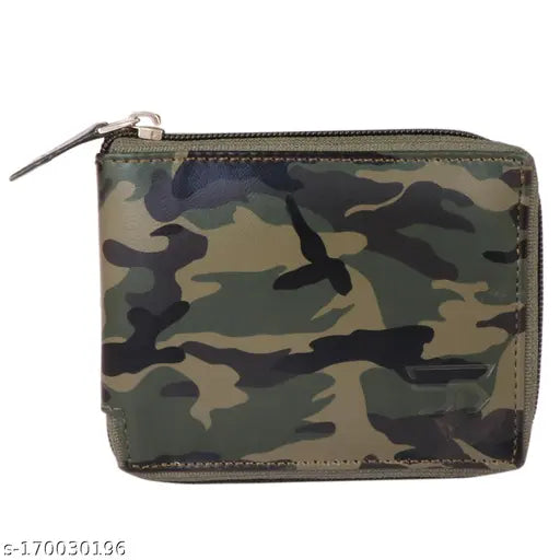 Faux leather men's small army round zip wallet, printed net pattern, durable cloth lining, 3 credit card slots, 2 secret compartments, 1 coin pocket, 2 currency compartments. High-quality PU leather made in India