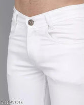 Plain white cotton-blend jeans for men, solid front view - available in sizes 28, 30, and 32 (Indian made)