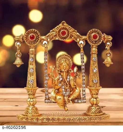 Fine grade brass, 24k gold-plated Car Dash Board Jhula Ganesh GA. Vastu-compliant interior decor accessory or car dashboard showpiece, symbolizing wisdom and removing Vastu Dosh