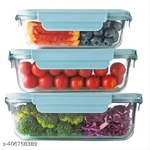 Transparent glass food storage set of 3 (400ml, 600ml, 800ml) with detachable locks, oven, microwave, and freezer safe