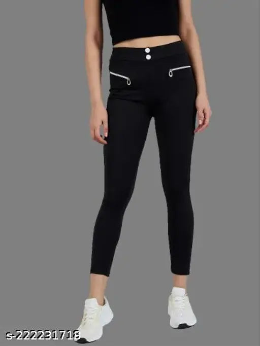 Solid black lycra jegging for women, stylish pocket chain design, suitable for yoga, gym, or cycling, available in sizes 26-34