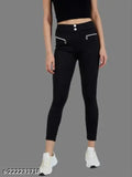Solid black lycra jegging for women, stylish pocket chain design, suitable for yoga, gym, or cycling, available in sizes 26-34