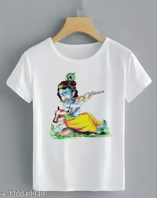 Lord Krishna printed polyester t-shirt for men, short sleeves, vibrant Indian design