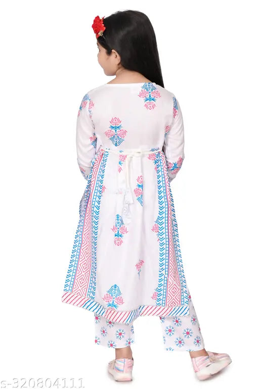 Kids' White Rayon Salwar Suit Set with Printed Designs, trendy Indian ethnic wear for 4-5, 5-6, 7-8, 8-9, 9-10 years, made in India