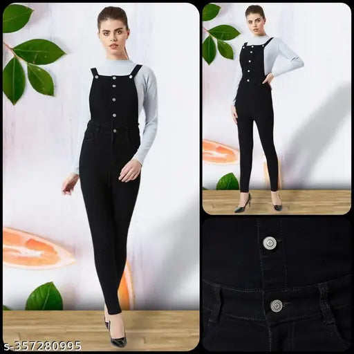 Women's denim high waist dungarees, sleeveless, stretchable, Made in India