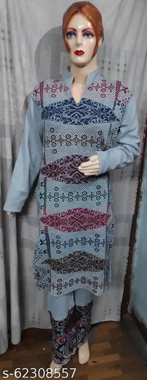 Multicolor woolen women's straight-print kurta with palazzo, free size, 44" bust. Indian handcrafted traditional wear on mannequin