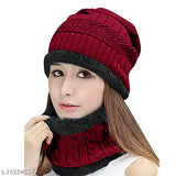 Maroon wool skull cap and scarf with grey border, unisex fashion accessory from Fashcart, made in India
