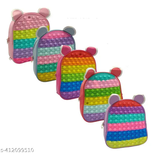 Multicolor large silicone Pop It backpack for school, party, picnic - adjustable strap, stress relief fidget toy style. Made from soft and durable polyester. Great gift idea