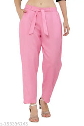 Baby pink rayon trouser by Samiksha Fashion, elastic waistband with dori and 2 pockets, solid western style for women's wardrobe