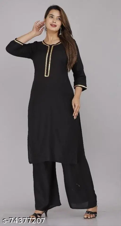 Rayon straight kurta with palazzo set in solid color, three-quarter sleeves, Indian fashion for women