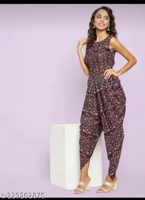 Stylish crepe dhoti jumpsuit with Jaipuri print, sleeveless and vibrant patterned net, size M (36in bust, 54in length, 32in waist) from India