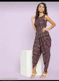 Stylish crepe dhoti jumpsuit with Jaipuri print, sleeveless and vibrant patterned net, size M (36in bust, 54in length, 32in waist) from India