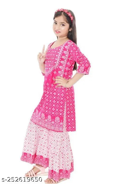 Rayon Girls Fancy Kurta And Palazzos set, three-quarter sleeves, printed net ethnic wear, 6-7 years old, India origin