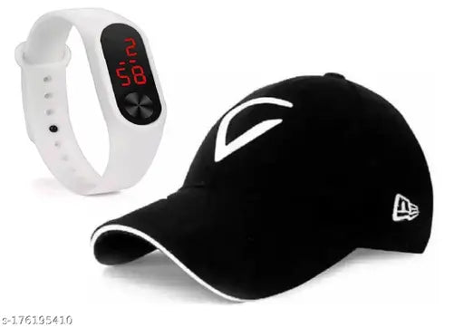 White LED band watch on cotton baseball cap with embroidered net pattern, featuring Virat-inspired design by Solid BRAND