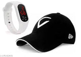 White LED band watch on cotton baseball cap with embroidered net pattern, featuring Virat-inspired design by Solid BRAND