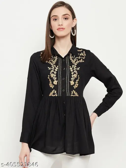Rayon embroidered women's shirt, three-quarter sleeves, chic style top from India