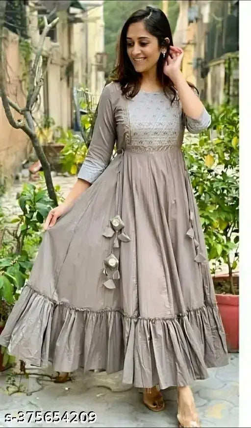 Round neck grey Anarkali kurti with embroidery, rayon slub fabric, three-quarter sleeves for women's ethnicwear