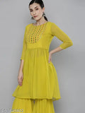 Lime yellow embroidered Georgette kurta with sharara, machine weave pattern, A-line silhouette, knee length, round neck, three-quarter sleeves. Mirror work along hem and waistband, partially elasticated waistband, slip-on closure. Festive ornamentation, Indian origin