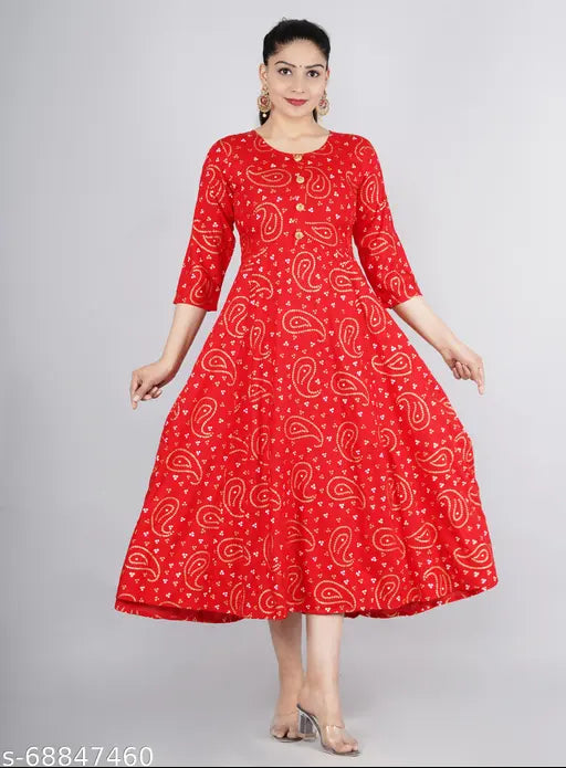 Gold print rayon Anarkali kurti with three-quarter sleeves, featuring intricate Indian design