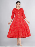 Gold print rayon Anarkali kurti with three-quarter sleeves, featuring intricate Indian design