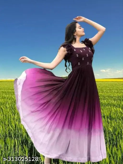 Lavish embroidered Georgette party gown, size L (bust 40in, length 55in, shoulder 15in), Indian origin