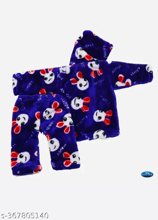 Silk blend, lightweight baby sweater combo (top, bottom, hoodie) in self-design net pattern. Unisex and fur-lined for newborns to toddlers (0-24 months). Indian origin