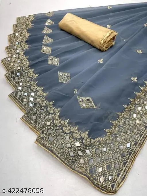Heavy kaju design embroidery mirror saree on mannequin, Indian georgette and dupion silk embroidered saree with separate blouse piece
