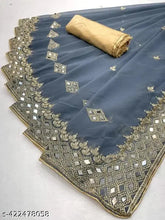 Heavy kaju design embroidery mirror saree on mannequin, Indian georgette and dupion silk embroidered saree with separate blouse piece