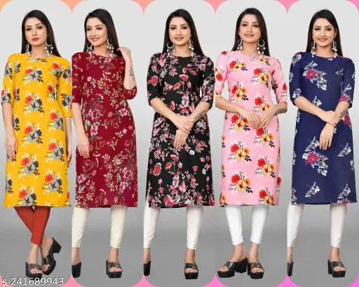 Women's multicolour crepe straight kurti set, poly crepe, three-quarter sleeves, printed combo, sizes M-XXXXL, Indian fashion