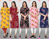 Women's multicolour crepe straight kurti set, poly crepe, three-quarter sleeves, printed combo, sizes M-XXXXL, Indian fashion