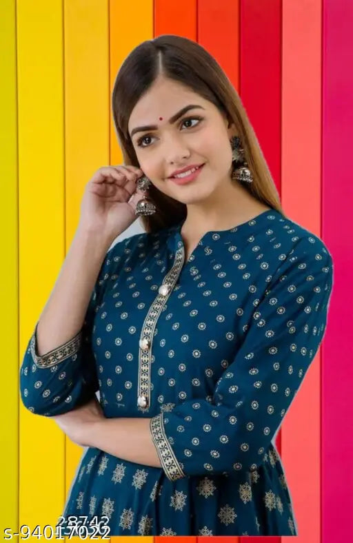 Royal blue rayon gown with gold print, three-quarter sleeves, ideal for events, functions or office wear - Indian origin