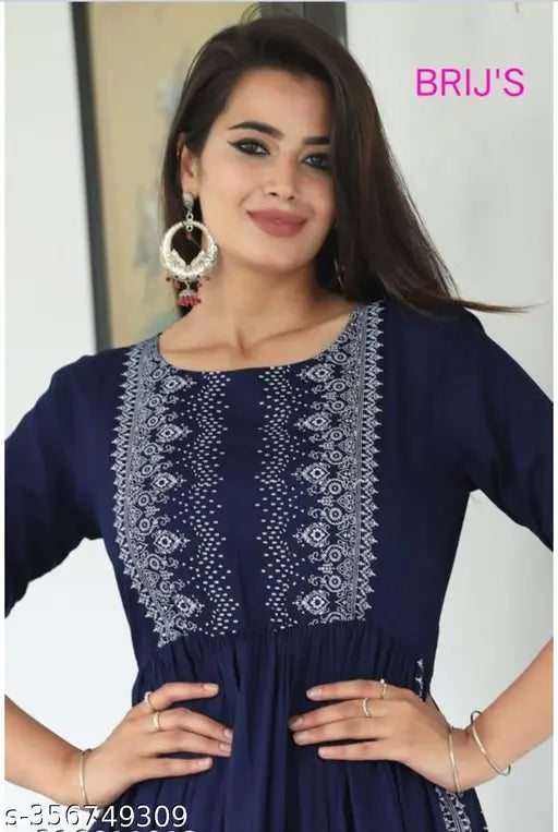 Women's rayon printed naira cut kurti, three-quarter sleeves, India origin