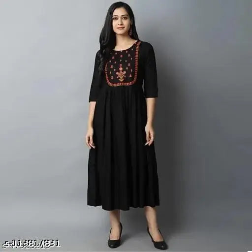 Rayon embroidered kurti (black), premium quality Indian women's fashion with three-quarter sleeves