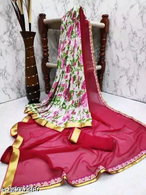 Georgette pink lace border saree, free size, printed with same border pattern on separate blouse piece, 5.5m length
