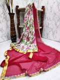 Georgette pink lace border saree, free size, printed with same border pattern on separate blouse piece, 5.5m length
