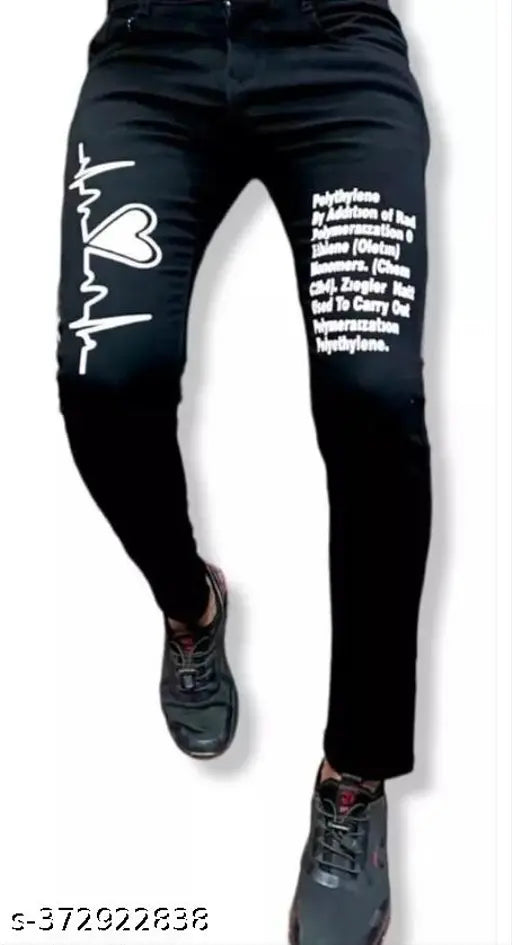 Latest small heart-print men's denim jeans, black solid-colored option with slim fit, sizes: 28", 30", 32" (India origin)