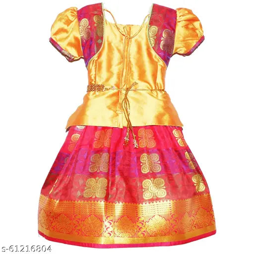 Cotton silk Ponni Pattu Lehenga Choli with waist belt for kids, floral design and short sleeves, Indian traditional wear