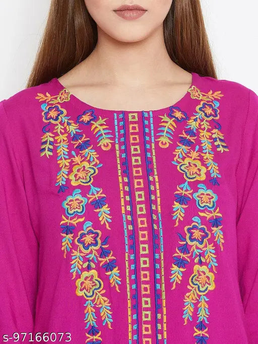 Pink embroidered rayon tunic for women, trendy and comfortable, size S-XXL