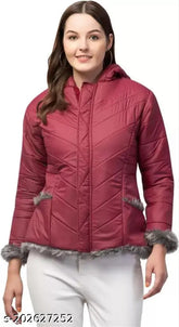 Solid polyester parka jacket for women & girls, faux fur trimmed, bellalush winter wear, hooded, 3-pocket design, India origin
